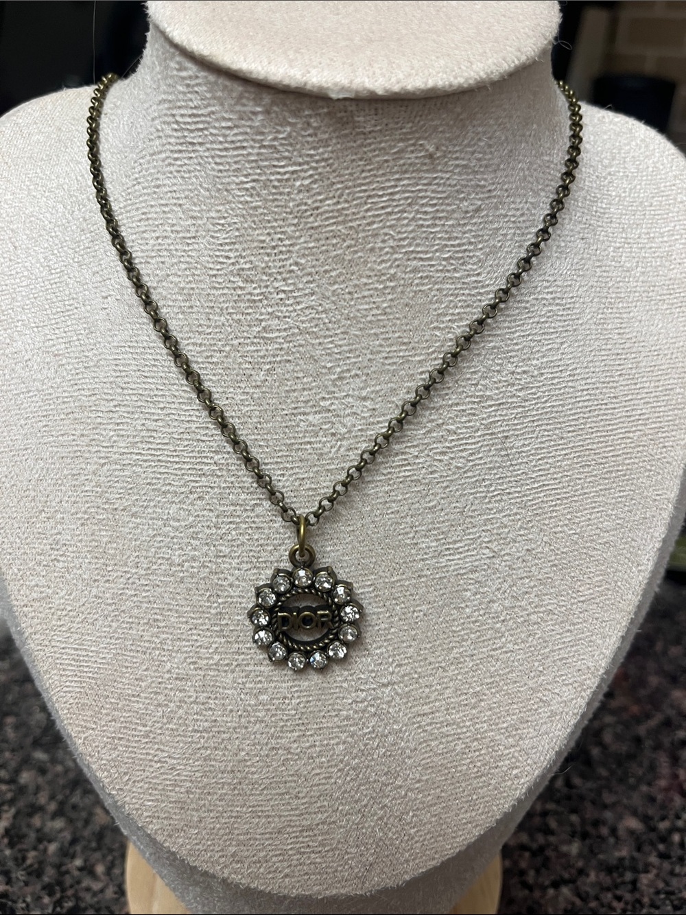 Dior Crystal Flower Logo Pendant Necklace - Gold Tone & Brown Center